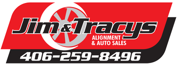 Jim & Tracy’s auto sales logo with phone number 406-259-8496 on a red, black, and white banner