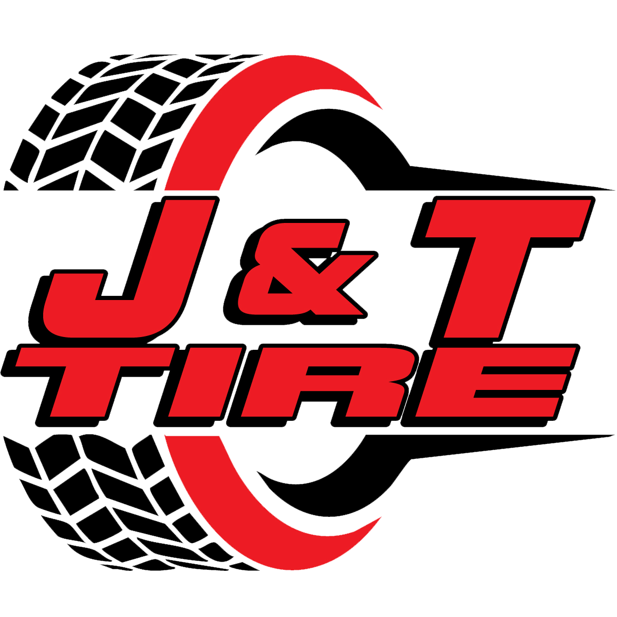 J&T Tire logo with red text, black-and-white tire tread, and a red-and-black circular swoosh