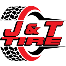 J&T Tire logo with red text, black-and-white tire tread, and a red-and-black circular swoosh