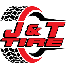 J&T Tire logo with red text, black-and-white tire tread, and a red-and-black circular swoosh