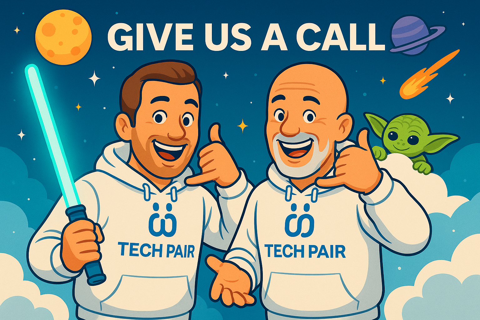 A cartoon of two men holding a light saber and giving a thumbs up.