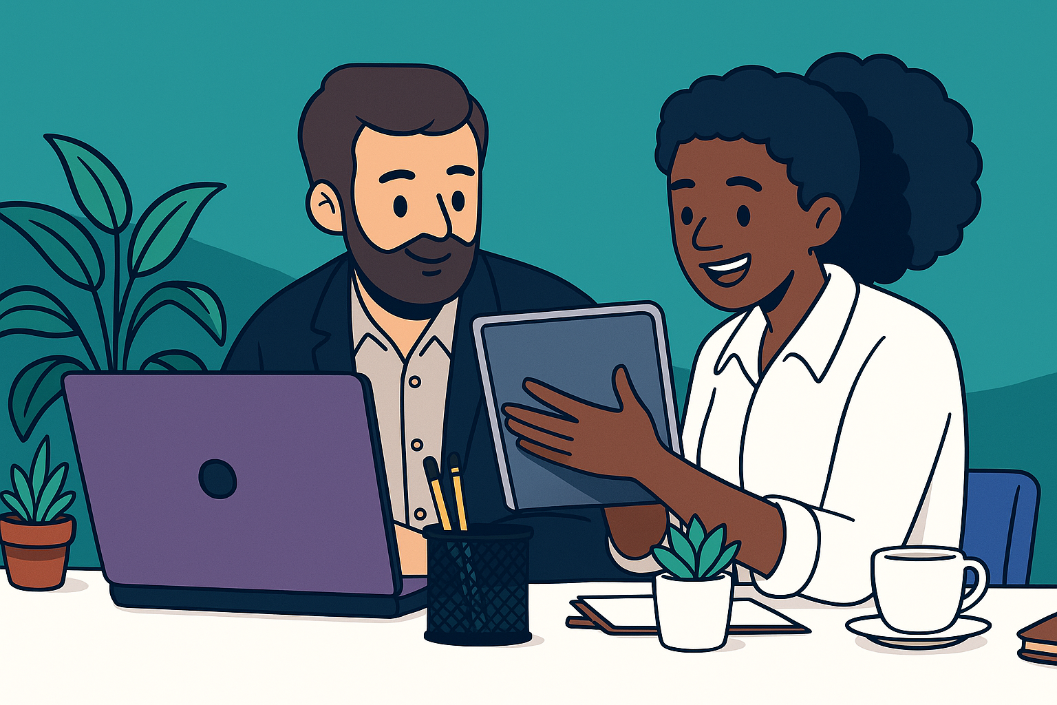 A man and a woman are sitting at a desk looking at a tablet.