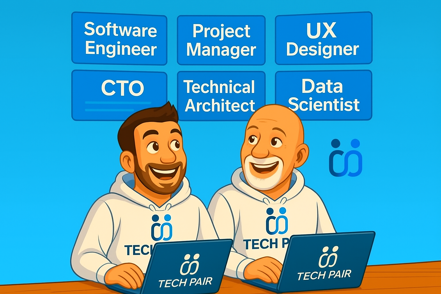 A cartoon of two men sitting at a table with laptops