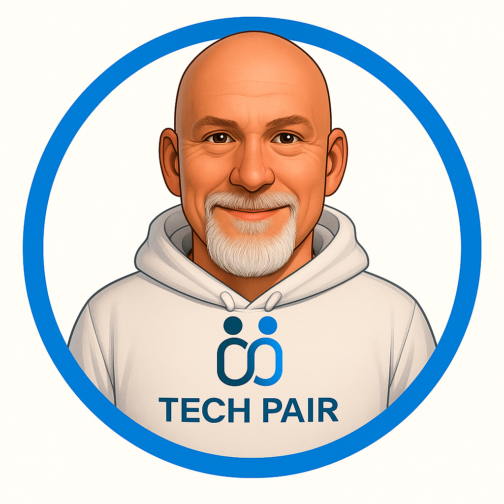 A man with a beard is wearing a tech pair hoodie