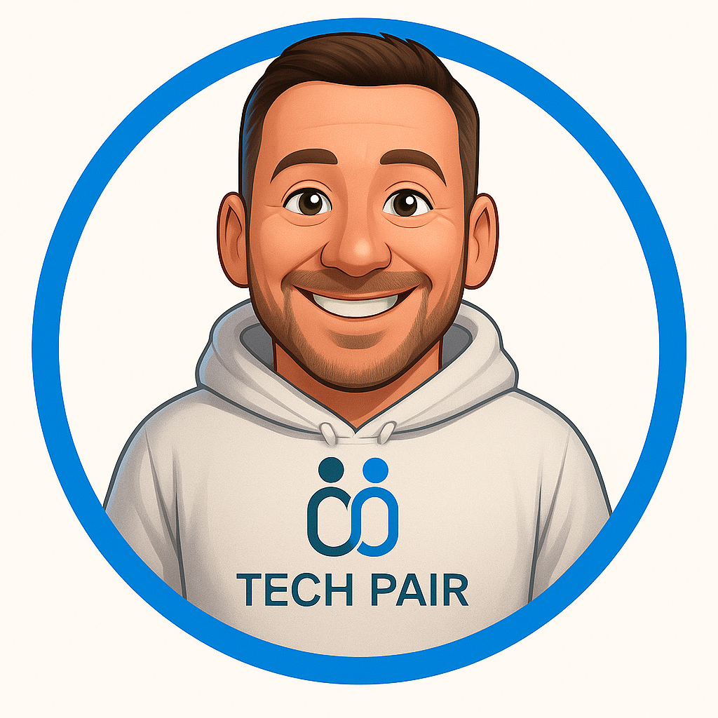 A cartoon of a man wearing a tech pair hoodie