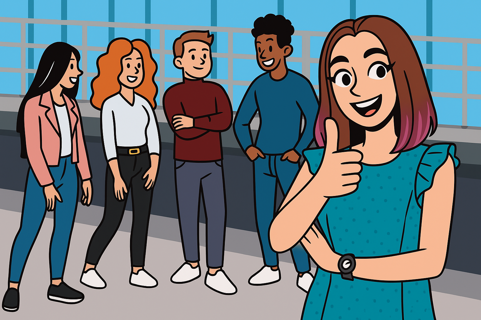 A woman is giving a thumbs up sign in front of a group of people.