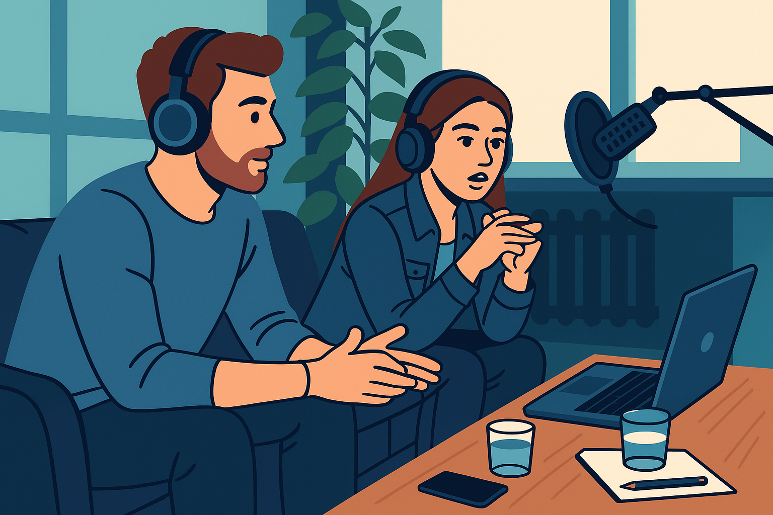 A man and a woman are sitting on a couch wearing headphones.