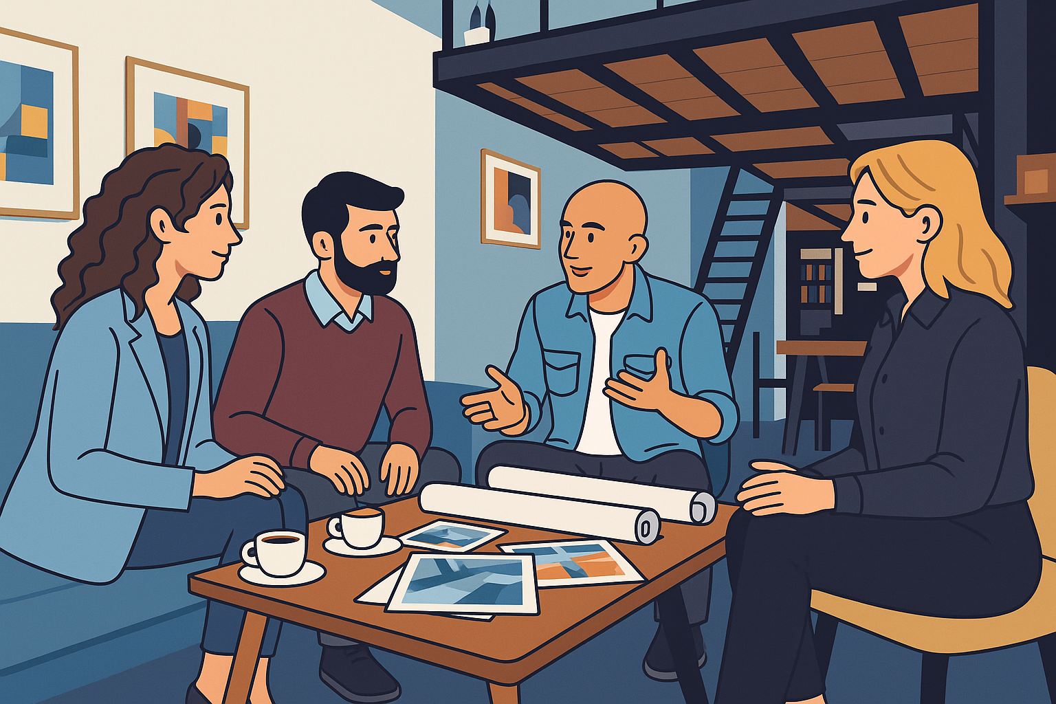 A group of people are sitting around a table in a living room.