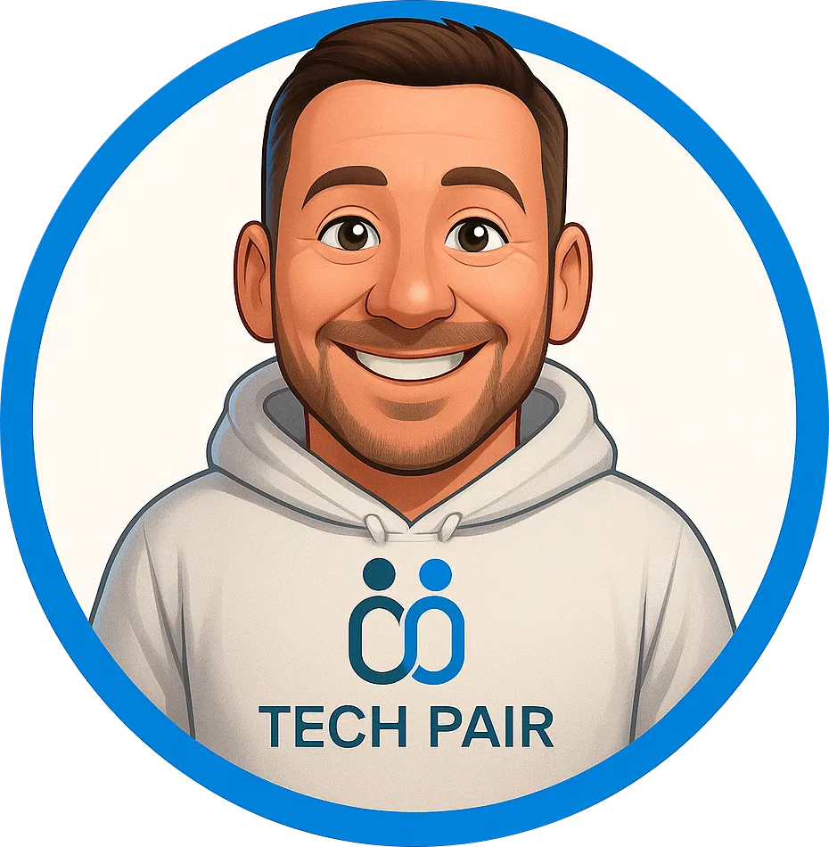 A cartoon of a man wearing a tech pair hoodie
