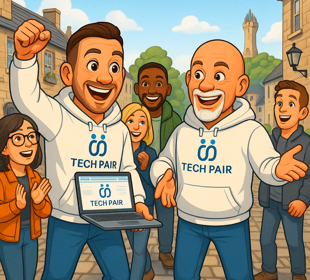 Two men wearing tech pair sweatshirts are standing next to each other holding a laptop.