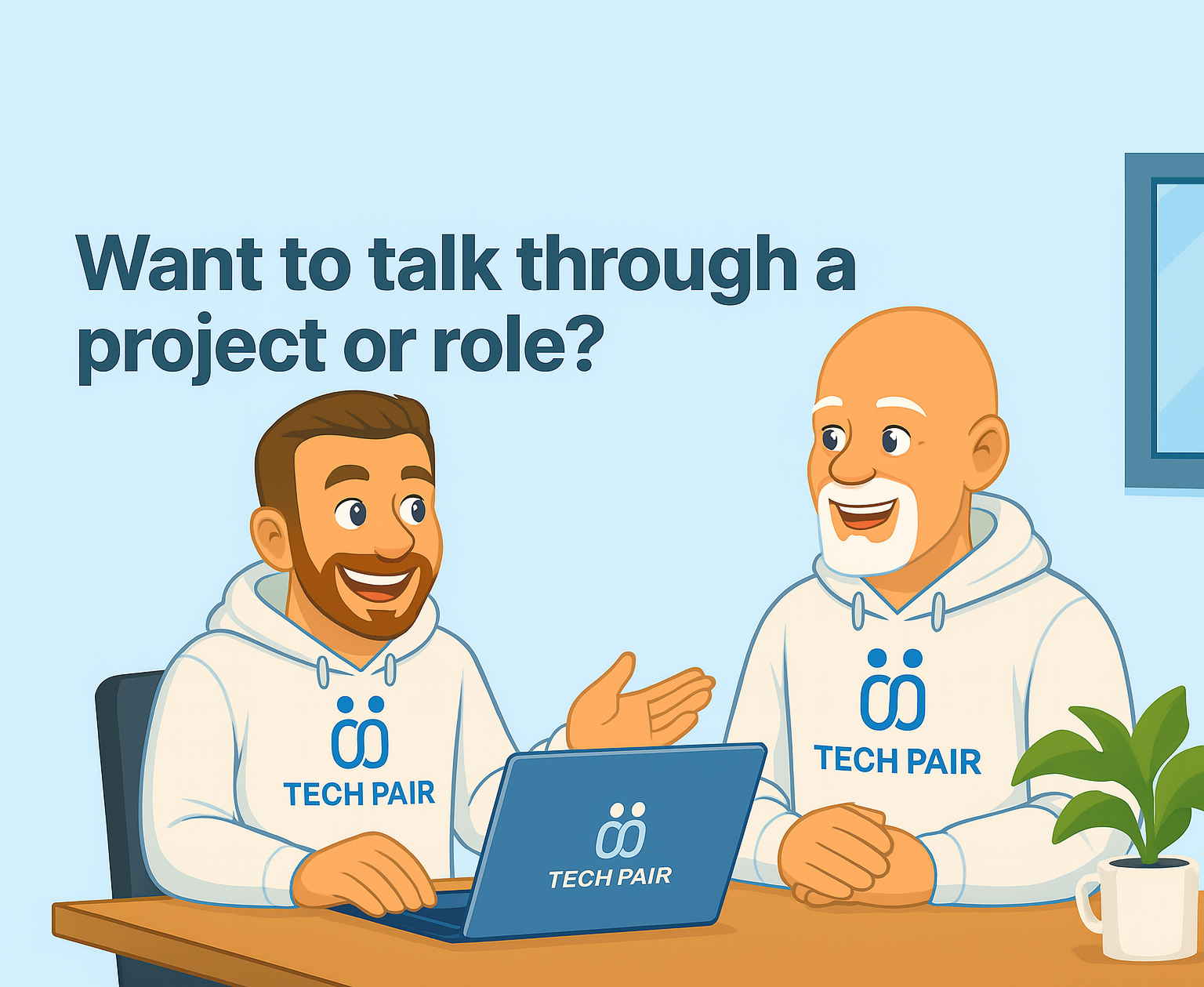 Two men are sitting at a table with a laptop.
