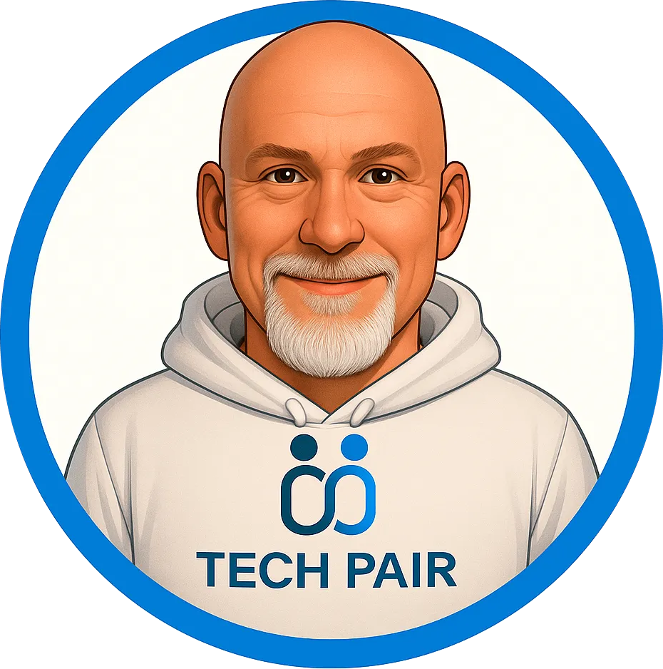A man with a beard is wearing a tech pair hoodie