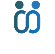 A blue and green logo with two people standing next to each other on a white background.