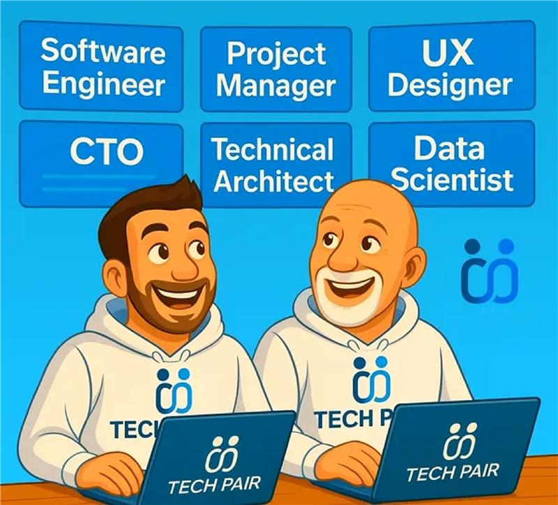 Two men are sitting at a desk with laptops and one is a software engineer