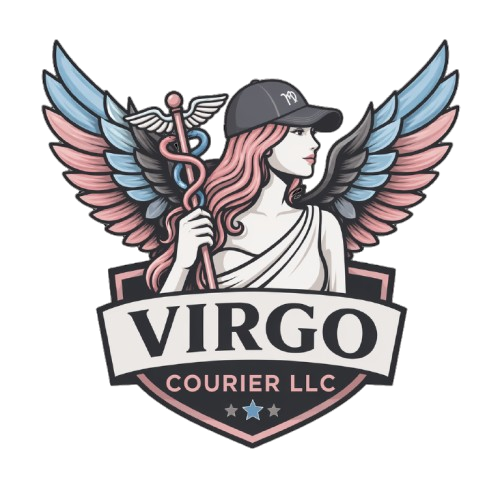 Virgo Courier LLC logo with winged messenger, caduceus staff, and bold Virgo text in pink and blue.
