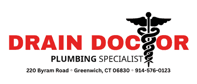 Logo for Drain Doctor, plumbing specialists. Red text on white background with a caduceus symbol.