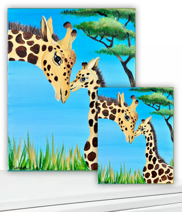 Two giraffes with blue sky and green grass in a colorful safari illustration