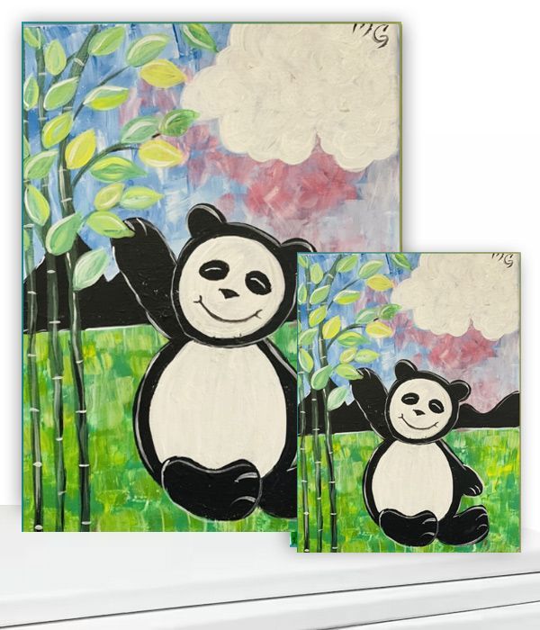 Two panda paintings on colorful abstract backgrounds, one large and one small.