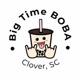 Logo for Big Time Boba in Clover, SC, featuring a smiling boba cup with rock-on hand gestures.