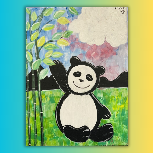 Two panda paintings on colorful abstract backgrounds, one large and one small.
