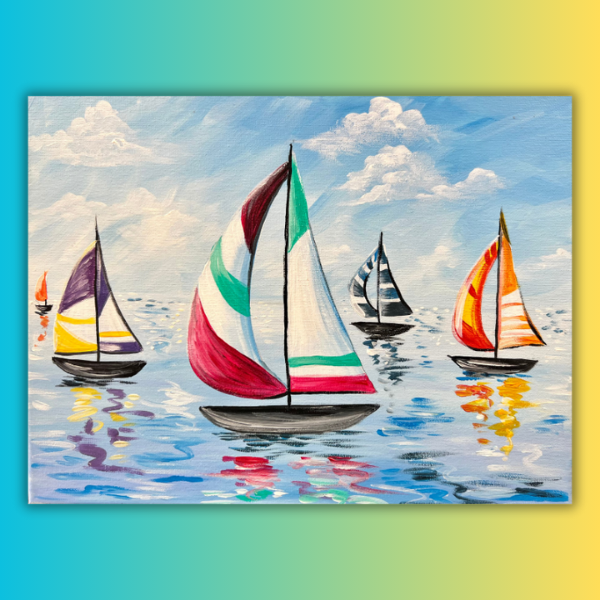 Colorful sailboats on calm water under a cloudy sky, with bright reflections and a pastel seascape.