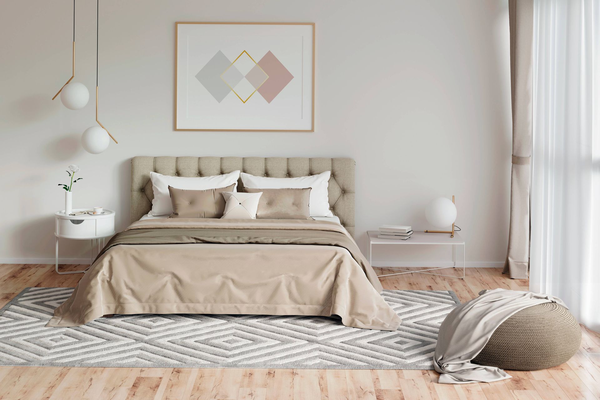 Bedroom with custom bedding, throw pillows, and custom drapery at LC Window Treatments near Sonoma, 