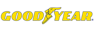 Goodyear logo in yellow with black outline and a winged foot icon on a white background