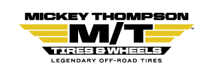 Mickey Thompson Tires & Wheels logo with black text and yellow wing graphic on white background