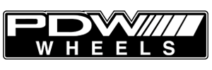 PDW Wheels logo in black and white with stylized stripes