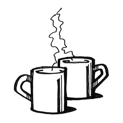 en sort/hvid tegning af to kopper kaffe med damp ud af dem.