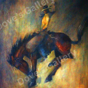 Cowboy riding a bucking bronco. Horse dark, rider in yellow shirt, dirt setting.