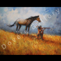 Native American hunter aiming rifle, crouched on a hill with a spotted horse, tall grass, cloudy sky.