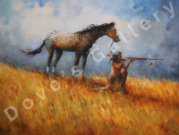 Native American hunter aiming rifle, horse nearby, in a field, with a cloudy blue sky.