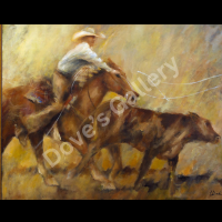 Cowboy on horseback roping a calf, brown tones, outdoors.