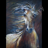A painted horse with flowing white and blue mane, against a brown background.