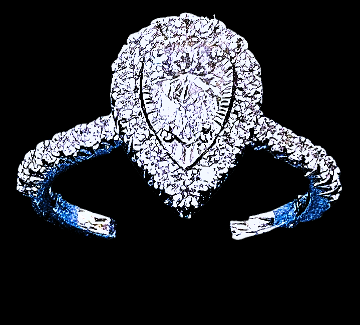 Diamond ring with pear-shaped center stone and halo setting, on black background.