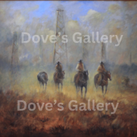 Cowboys on horseback, oil derricks in background, foggy scene with Dove's Gallery watermark.