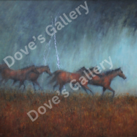 Horses running through a field during a storm with lightning striking.