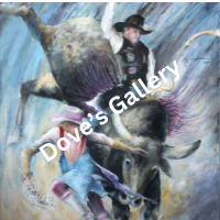 Bull riders compete in an arena, with one cowboy atop a bucking bull and another on the ground.