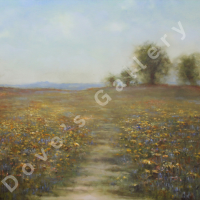 A path through a field of yellow flowers, leading towards trees under a soft, blue sky.