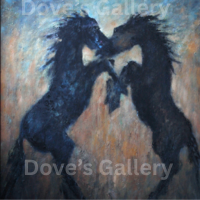 Two dark horses rearing, heads touching, against a light brown and blue background.