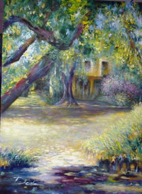 Oil painting of a sunlit garden with a house in the distance, a large tree, and a stream in the foreground.