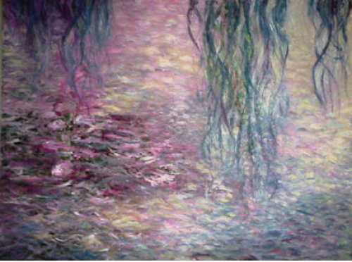 Water lilies and weeping willows in a Monet-style Impressionist painting; mostly purple, blue, and yellow.