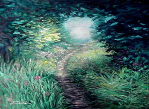 Path through a lush, green forest opening to a bright, circular light in the distance.