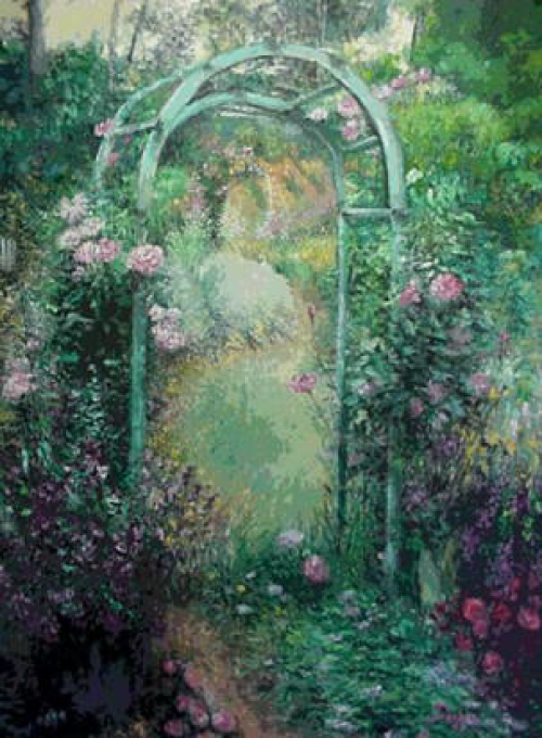 Green garden archway laden with pink roses, leading to a path disappearing into the lush foliage.