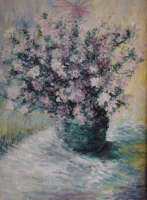 Impressionistic painting of pink and white flowers in a dark vase on a white cloth. Yellow background.
