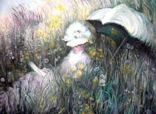 Woman in a white hat and dress reads in tall grass, shaded by a parasol.