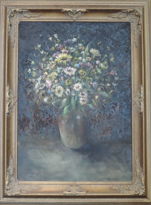 Painting of flowers in a vase; light-colored blossoms against a dark blue background.