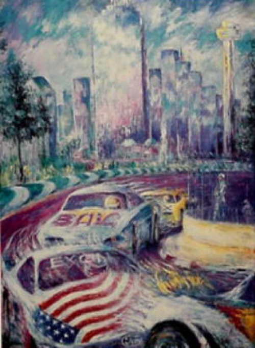 Race cars with American flag design racing around a track in front of a city skyline.