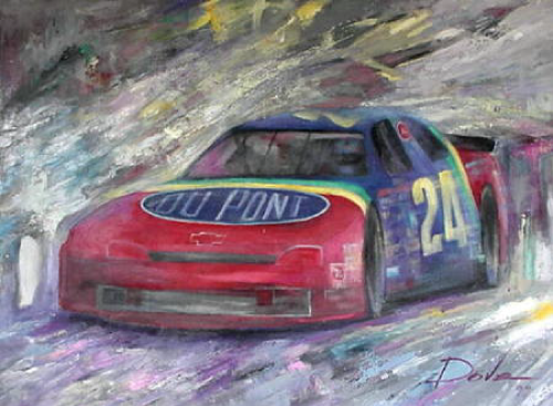 Race car #24 in motion, red hood, rainbow top, DuPont logo, blurred background, Dale Earnhardt Jr.